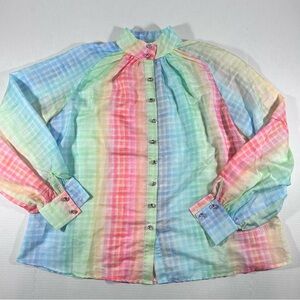 L'ATISTE by Amy Multicolor Rainbow Plaid Sheer Button Down oversized blouse
